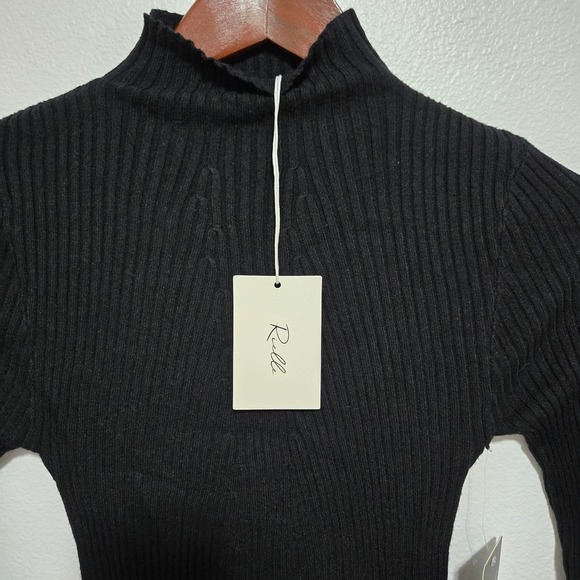 Ribbed Knit Mock Neck‎ Long Sleeve Top Dailylook Women's Black Sweater - Picture 2 of 5